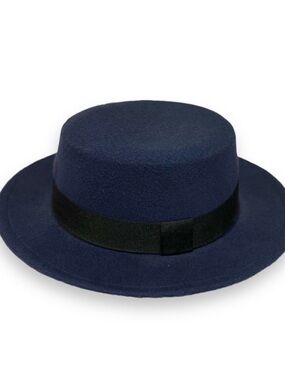 Navy Blue Stiff Brim Flat Top Fedora Hat